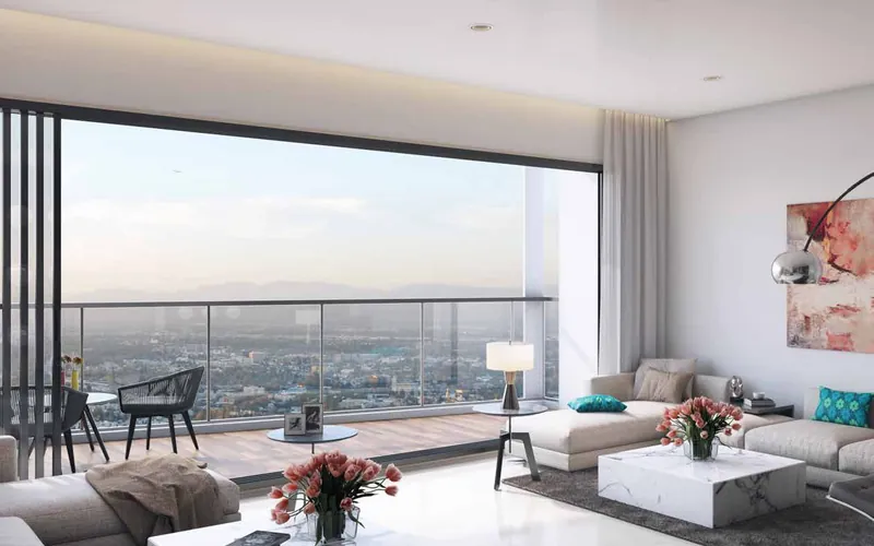 Purva Orient Grand: Living room with a city view