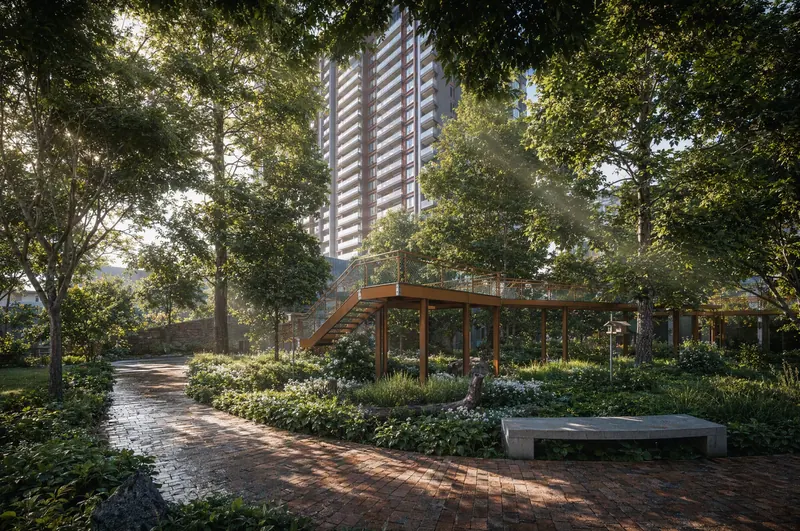 Purva Silversky: Shaded brick walk under trees, with an elevated walkway